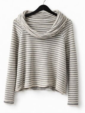 Free People Blue Cream Striped Cowl Neck Top Coastal Slouchy Cotton Pullover S